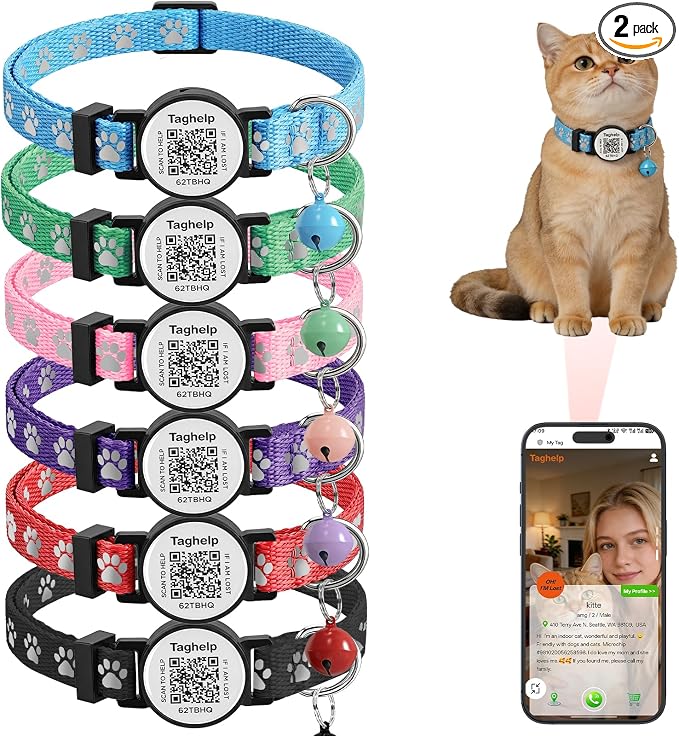 6 Pack Breakaway Cat Collar with QR Code & Bell, Reflective Safety Collars with Online Pet ID Storage, Adjustable Nylon Collars for Multiple Cats (Mixed Colors)