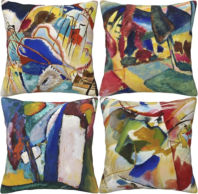 Wassily Kandinsky Abstract Pillow Covers 18x18 Inch Set of 4 Landscape with Two Poplars The Waterfall Painting Decorative Cushion Covers for Sofa Couch