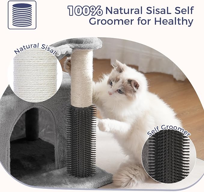 Cat Tree 32” Small Cat Tower with Large Hammock 16”& Self Groomer | Compact Cat Tree with Hammock 16” Dia, Removable Bed, Scratching Post & Self Groomer Small Cat Tree for Indoor & Adult Cats