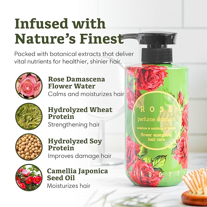 Jigott - Rose Perfume Shampoo 16.9 FL OZ, 500ml, Soft Rose Scent, K-beauty hair care