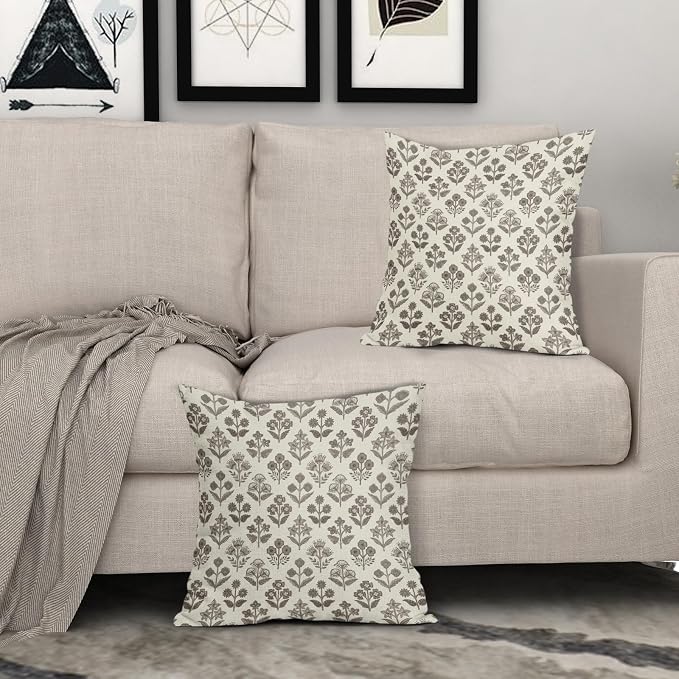 Dark Brown Floral Pillow Covers 22x22 Inch Set of 2, Vintage Flower Block Print Pattern Decorative Throw Pillowcases Outdoor Farmhouse Cushion Covers Spring Summer Rustic Sofa Couch Bed Decor