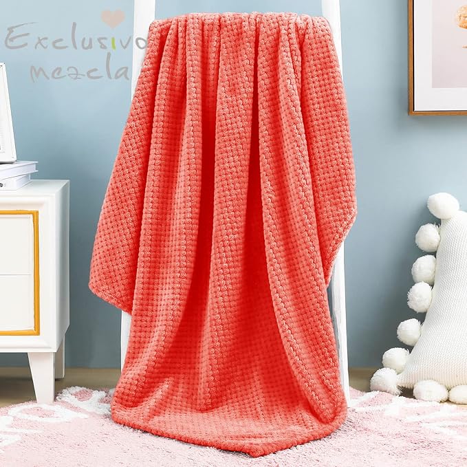 Exclusivo Mezcla Waffle Fleece Throw Blanket for Couch, Orange | Lightweight Soft Blanket for Sofa, Bed, Living Room, Plush Fluffy Throw for Home Decor, Travel, All Season, 40x50 Inches