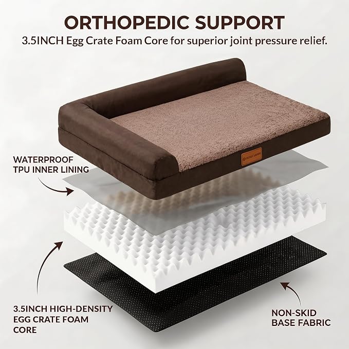 Patas Lague Orthopedic Large Dog Bed Washable Pet Sofa Bed 56''X40''Brown | 2-Sided Bolster Egg-Crate Foam Dog Couch Large Sized Dogs, Waterproof Removable Washable Cover, Nonskid Bottom Pet Crate Mat