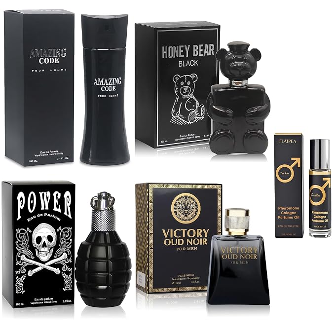 AFLUXE Men's Cologne Gift Set - Variety Pack of 4 Long Lasting Fragrances with 10ml Pheromone Cologne (Amazing Code/Honey Bear Black/Power/Victory Oud Noir)