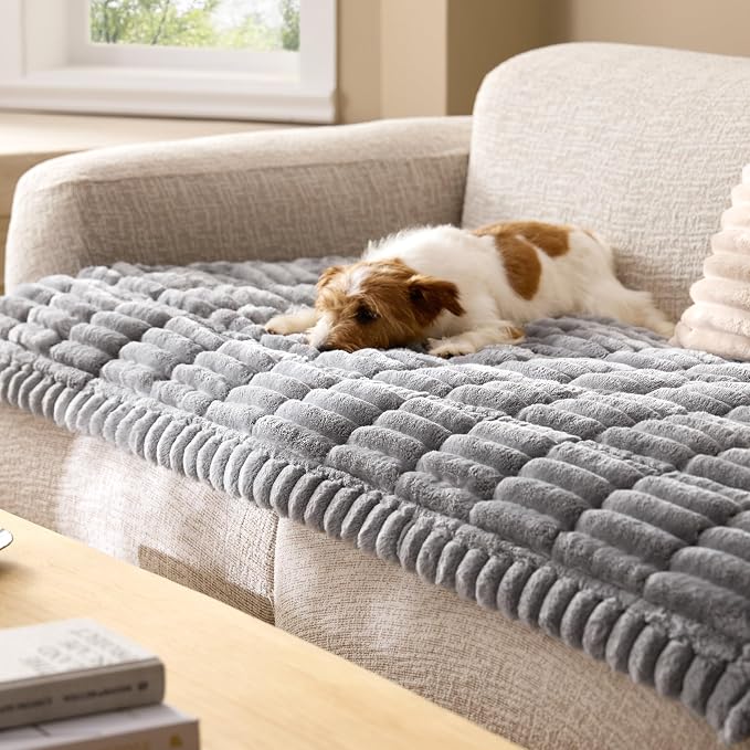 Bedsure Comfyfleece™ Sofa Cover, Couch Covers for Dogs, 27.6 x 59 Grey | Non-Slip, 300gsm Thick Quilted Padding, Ultra-Soft Corduroy Flannel, Machine Washable, for Standard Loveseat/2-Seater Couch