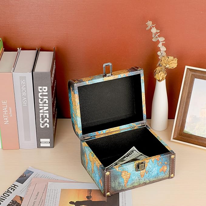 ELLDOO Decorative Treasure Chest Box, Wooden + PU Leather Storage Box for Jewelry Trinkets, Keepsakes box for Girls Women Gifts (Green Map Pattern)