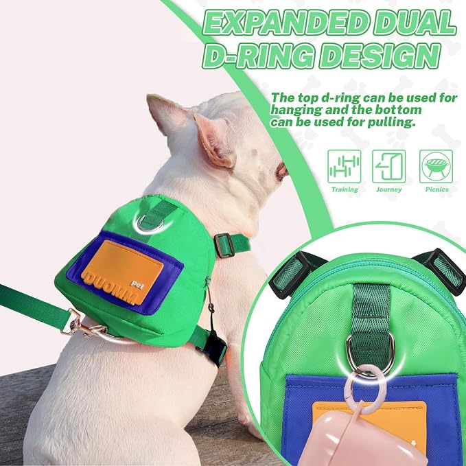 Adjustable Dog Backpack Harness with Leash & Poop Bag Dispenser, Waterproof Dog Saddle Bag, Pets Self Carrier Dog Harness Bag for 17-33 Lb Medium Doggy Travel Hiking Walking (Green)