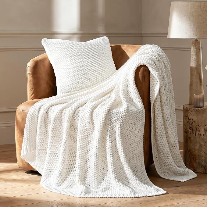 Organic Cotton Chunky Knit Throw Blanket, 50 x 60 Bright White | OCS Certified Organic Cotton, Seed Stitch Knit, Soft & Breathable, Cozy Midweight, Decorative Throw for Couch, Bed & Sofa