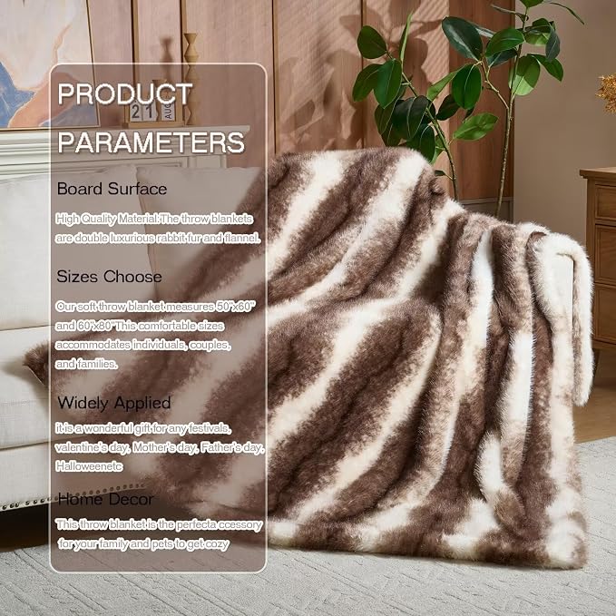 Luxury Fluffy Faux Fur Throw Blanket,Thick Fluffy Silky Fuzzy Cozy Blanket,Plush Blankets for Couch, Sofa, Chair, Bed-Faux Fur Brown Stripe 50 * 60inch
