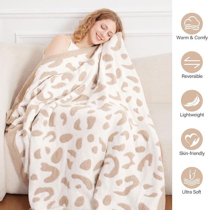 SeaRoomy Reversible Leopard Throw Blanket for Bed Decor,Khaki 50"X70" | Warm,Cozy,Fluffy,Lightweight,Gift for Women Couch Sofa Bed Room Decor