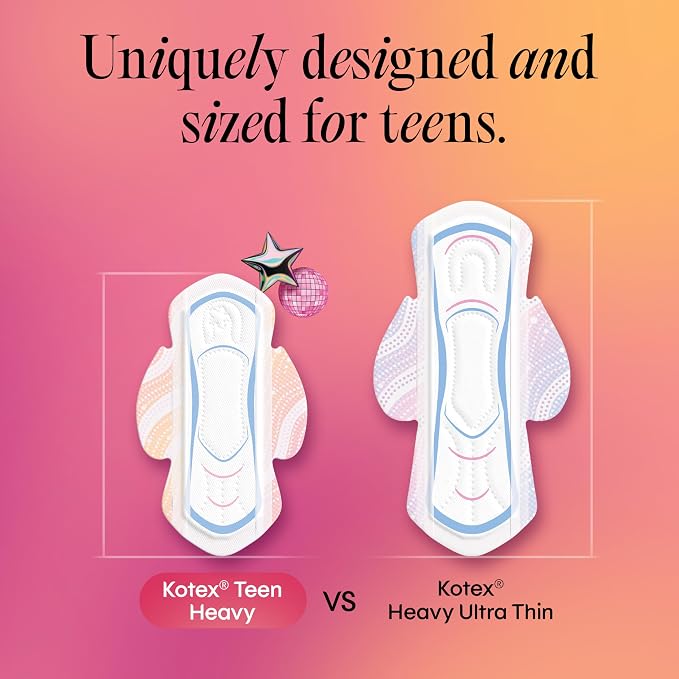 Kotex Ultra Thin Teen Pads with Wings, Heavy Absorbency, 36 Count (Packaging May Vary)
