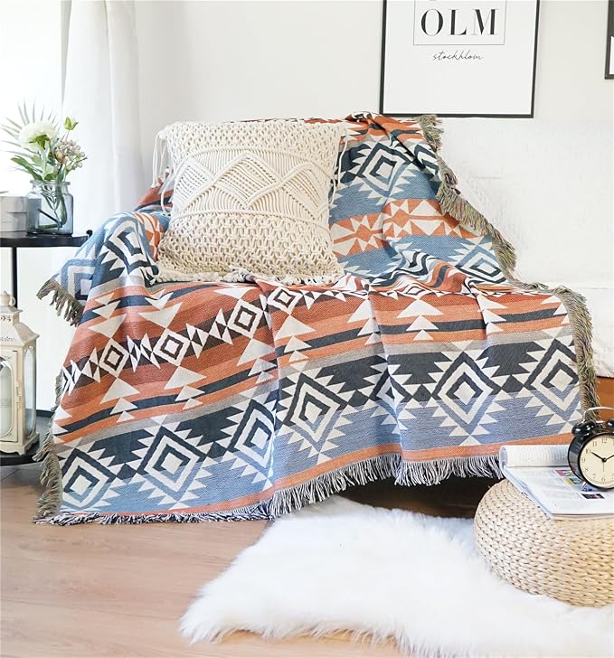 Lqprom Aztec Southwestern Throw Blanket,Native American Cover 63"x87" | Southwest Boho Style,Sofa Chair Cover,Outdoor Beach Car Tent Travel Camping Use,Reversible and lightweight,Tapestry,Tassels