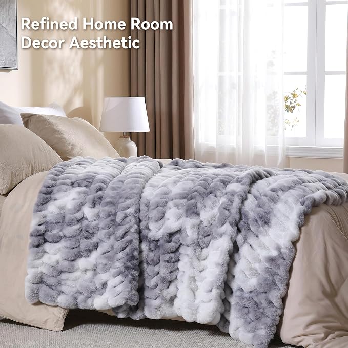 Tie Dye Grey Fluffy Blanket for Couch - Faux Rabbit Fur 50"x60" | Ultra Soft & Plush Comfort Ruched Blanket, Cozy Fuzzy Fleece Throw for Sofa, Bed & Office, Gift for Women, Grey Room Decor
