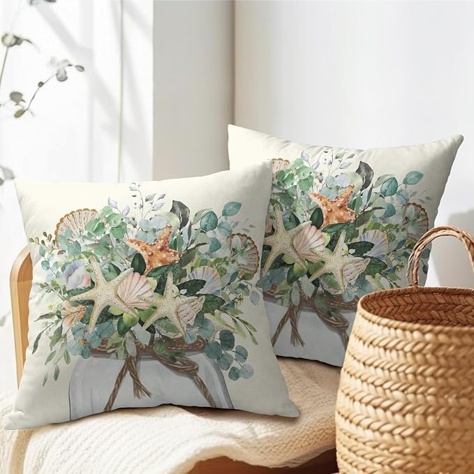 Kawani Eucalyptus Leaves Starfish Pillow Covers Set of 2, 20x20 Inch Green Leaf Seashell Mason Jar Farmhouse Pillowcases Cotton Linen Cushion Cover for Couch Sofa Indoor Outdoor Decor