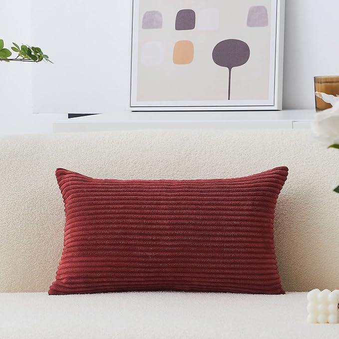 Home Brilliant 12x20 Pillow Cover Decorative Lumbar Throw Pillow Striped Corduroy Throw Pillow Case Oblong Cushion Cover for Chair, 12 x 20 inch, Burgundy