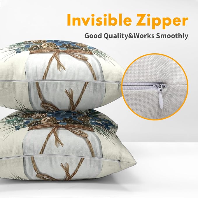 Kawani Winter Pine Cone Pillow Covers 20x20 Set of 2 Brown Blue Pine Needle Jar Farmhouse Decorative Pillow Cases Cotton Linen Cushion Cover for Sofa Couch Outdoor Home Decor