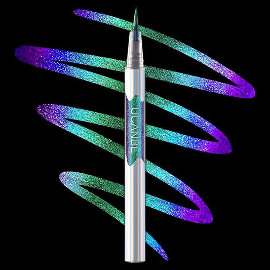 UCANBE Chameleon Liquid Eyeliner - Green Cyan Blue, Multi-Chrome Metallic Shift Eyeliner, Waterproof Glitter Eyeliner with Soft Fine Tip for Multi-Dimensional Eye Looks
