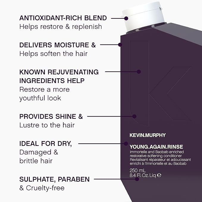 KEVIN.MURPHY YOUNG.AGAIN.RINSE - Moisturising Anti-Ageing Conditioner for Ageing, Dry, Damaged & Brittle Hair - Repair with Amino Acids - Sulphate & Paraben Free - 250 mL / 8.4 fl oz (Pack of 2)