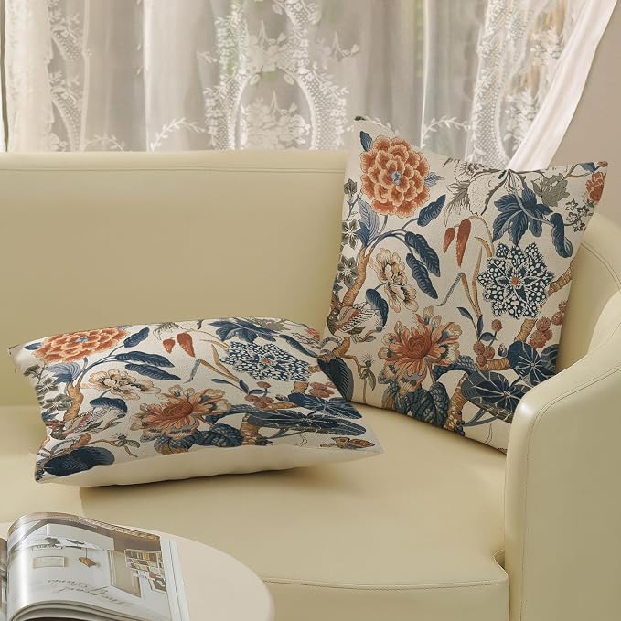 Navy Blue Orange Pillow Covers 16x16 Inch Set of 2 Vintage Blue Floral Throw Pillows Chinoiserie Flower Decorative Pillow Case Outdoor Linen Farmhouse Cushion Cover for Couch Sofa Decorations