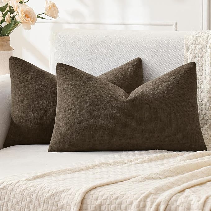 MIULEE Chocolate Brown Chenille Couch Lumbar Throw Pillow Covers, 12x20 | Set of 2, Modern Farmhouse Rustic Style, Decorative Pillowcases for Sofa Living Room Bed, Home Decor