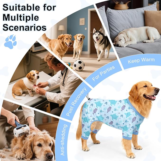 Bienbee Dog Pajamas, 4 Pack Adjustable Onesies for Small to Large Dogs 3XL | Dog Shedding Suit with Soft Fabric, Breathable & Stretchy, and Adjustable Back Length for Sleeping Lounging and Daily Use