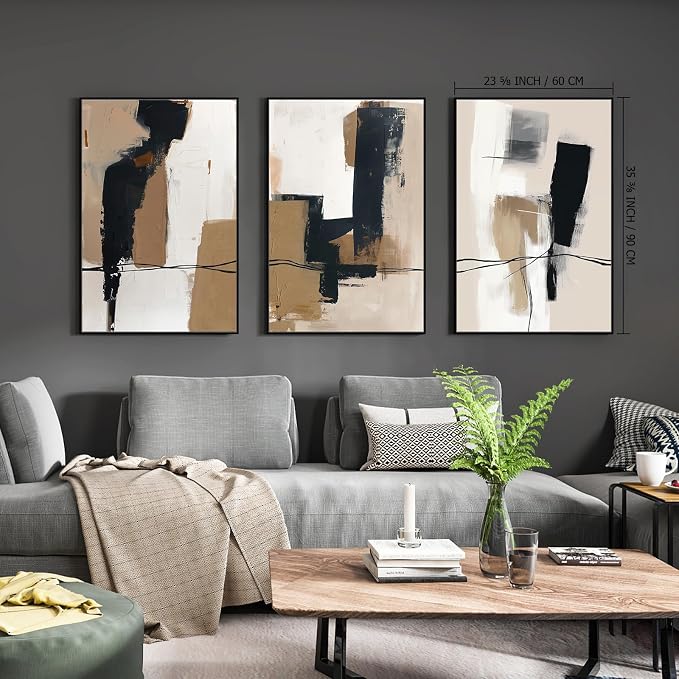 SAFERRYHOME Neutral Abstract Black and Tan Brown Wall Art Set of 3, 24"x36" | Black and Tan Brown Framed Canvas Print Set,Mid-Century Modern Brown Minimalist Shapes for Living Room Bedroom Office Hallway