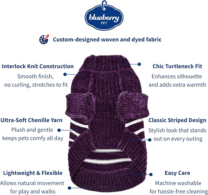 Blueberry Pet Cozy Soft Chenille Classy Striped Dog Sweater in Dark Plum, Back Length 12", Pack of 1 Clothes for Dogs