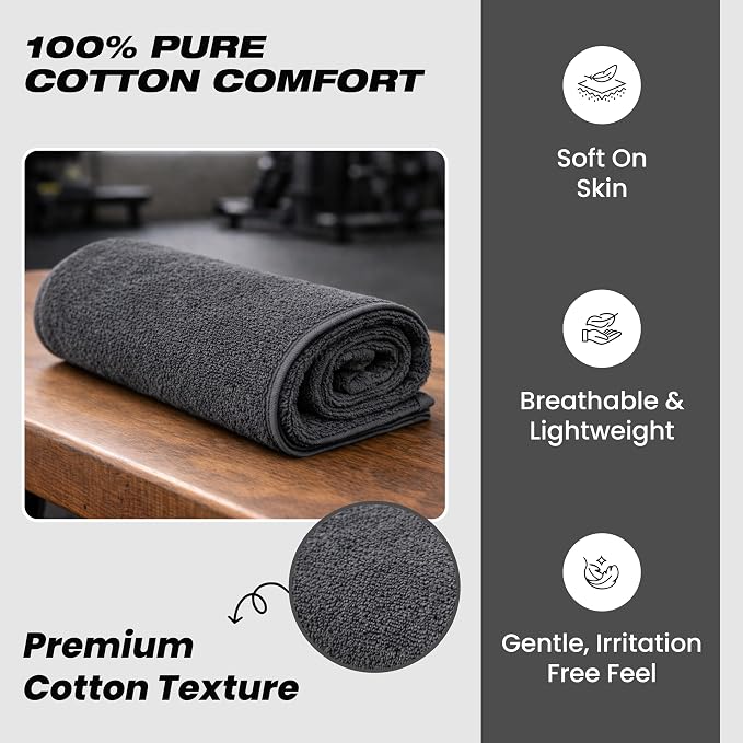 Sports Towel - Double Pack (2 Pieces), 12"x51", Dark Gray, 100% Cotton - Oeko-Tex Certified, Very Absorbent and Quick-Drying, for Fitness, Gym and Yoga