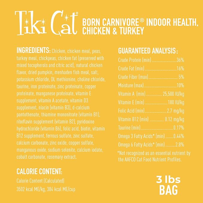 Tiki Cat Born Carnivore Dry Cat Food, Chicken & Turkey Meal, 3 lbs. Bag | Crunchy Kibble Texture for Indoor Cats, Real Animal Protein, Non-GMO Ingredients, Supports Immune and Digestive Health
