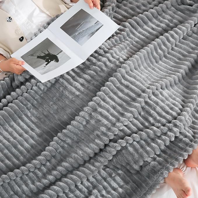 Grey Fleece Throw Blanket 108”×90” for Couch Sofa Livingroom | Super Soft Cozy Plush Microfiber Flannel Bed Blanket Striped Design Lightweight Home Decor Gifts for Adults Mom Women