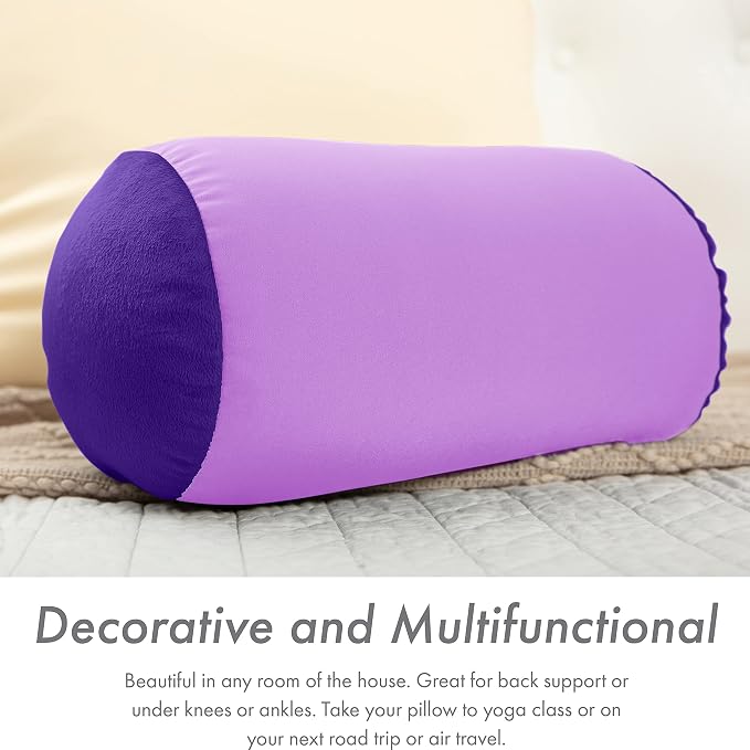 Microbead Bolster Neck Roll Pillow, Gently On Body, Head, Neck & Shoulders No Pain Rest, Relax Sleep - Silky Feel Prevent Wrinkles & Hair Breakage - Lightweight Cylinder, 14" x 8", Paril Purple