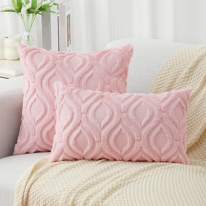 decorUhome Faux Fur Plush Light Pink Throw Pillow Covers 16x16 Set of 2 | Plush Solid Fall Couch Pillow Covers, Accent Modern Farmhouse Neutral Decorative Square Pillow Cases for Sofa Bed Living Room