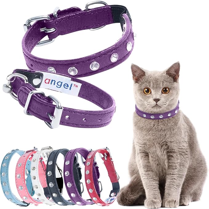 Athens Cat Collar, Leather Kitten Collar w/Rhinestones, Sturdy Breakaway Cat Collar with Bell & Elastic Stretch, Cat Accessories, Orchid Purple, 12 x ½ inches - Angel Pet Supplies
