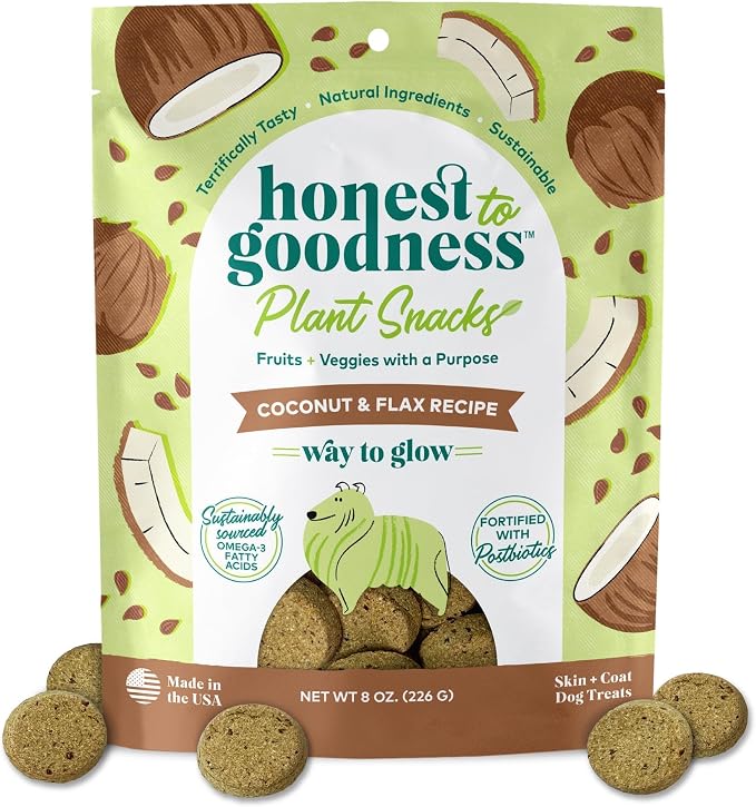 Honest to Goodness Plant Snacks Coconut & Flax Dog Treats, 8 oz | Crunchy, Plant-Based, Way to Glow Skin Coat Support, Enriched with Omega 3 Fatty Acids, Fortified with Postbiotics, USA Made