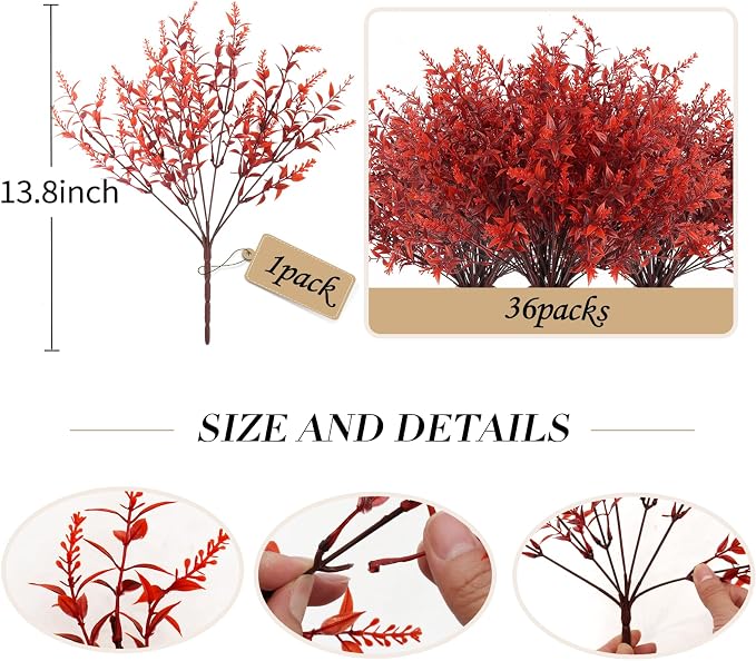 RECUTMS Artificial Fall Flowers Lavender Fake Burgundy Plants Gothic 36Pcs | Fall Decor Artificial Boxwood Plant Outdoor Faux Greenery Autumn Fake Shrub for Thanksgiving Indoor Bookshelf Yard Decoration