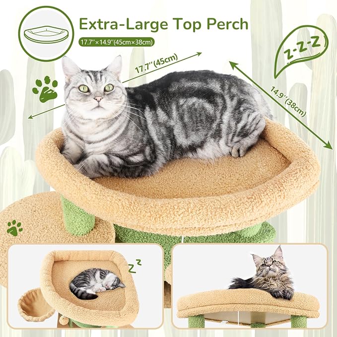 Globlazer 66in Cactus Corner Cat Tree for Indoor Large Cats, C66, Green | Space-Saving Stable Green Cat Tower with 6 Scratching Posts, 2 Large Fan-shaped Condos & Top Perch, Hammock, Climbing Steps