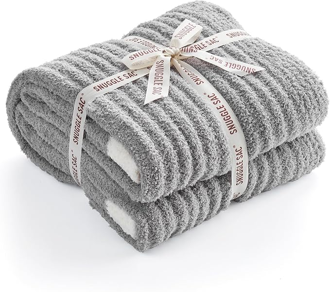 Snuggle Sac Soft Grey Throw Blanket for Couch, Microfiber Fluffy Knit Throws, Luxurious Fuzzy Blankets for Couch, Sofa, Travel, Grey, 50x60 inches
