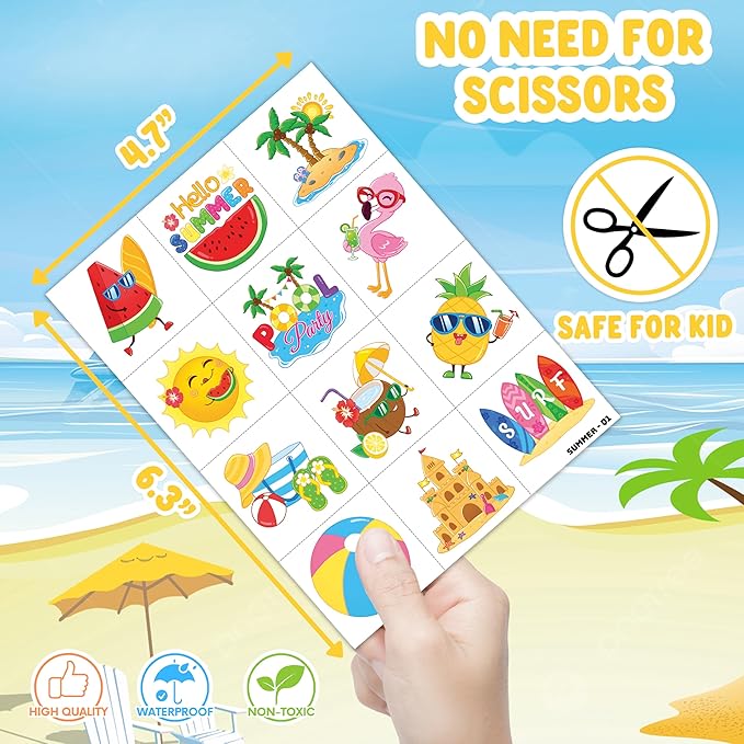 96 PCS Hello Summer Beach Pool Hawaiian Pre-Cut Temporary Tattoos for Kids | Super Cute Themed Birthday Party Favors, Supplies, Decorations, Fake Tattoo Stickers (Multiple)