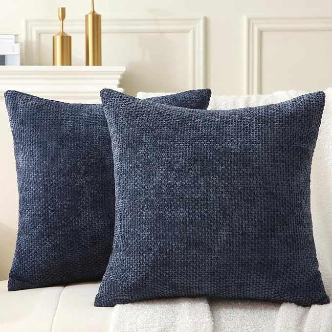 18" x 18" Decorative Throw Pillow with Inserts, Set of 2 Soft Modern Farmhouse Weave Pattern Throw Pillows, Square Boho Pillow for Couch, Bed, Sofa Decor (Navy Blue, 18" x 18"(Pack of 2))