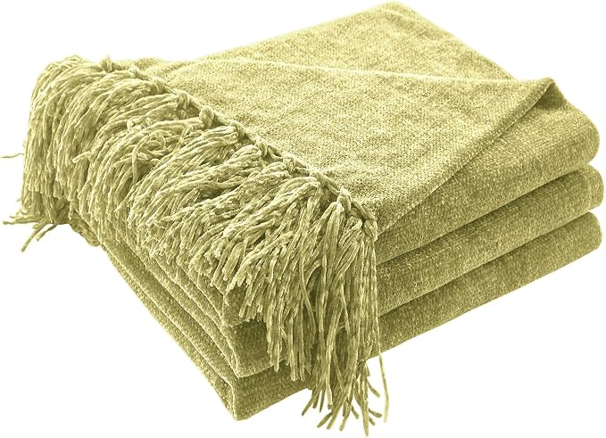 CozeCube Chenille Throw Blanket, Sage Green Fringe Blanket, 50"X60" | For Couch, Cozy Plush Fuzzy Decorative Blanket with Fringe Tassels, Lightweight Throws for Bed Sofa Gift Home Decor