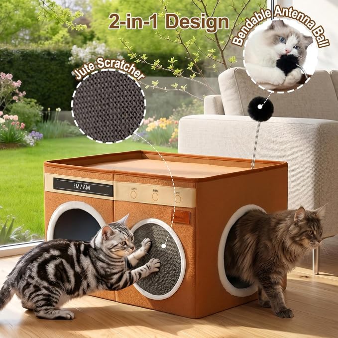 Retro Radio Cat House, Large Foldable Cat Bed Indoor Cat Cave | Spacious Multi-Cat Sleeping Hideaway Pet Nest, Non-Sticky Fur Fabric, Scratch Pad & Bendable Antenna Ball 13×19.7×15.8 Inches