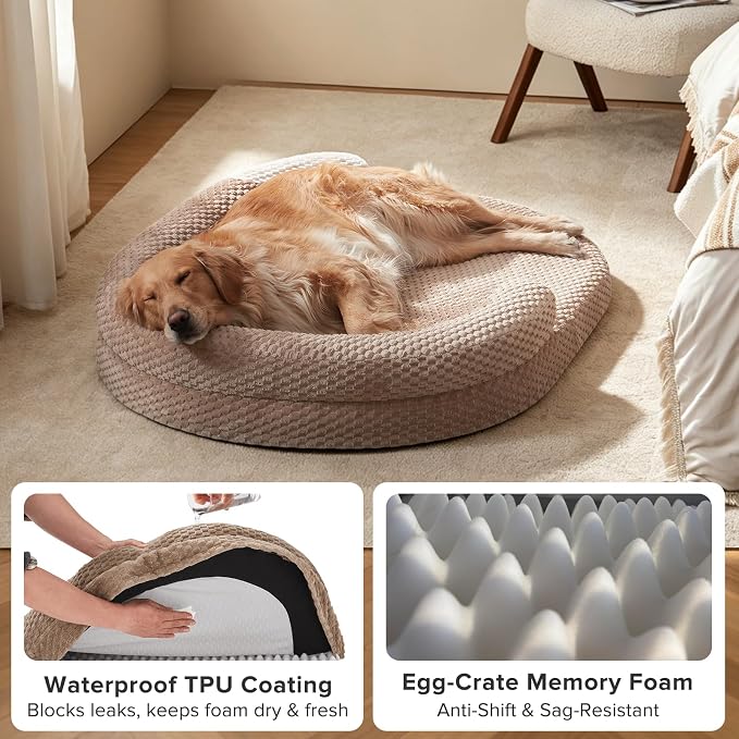 JOEJOY XL Orthopedic Dog Beds Large Sized Dog, Extra Large Washable Waterproof Oval Large Dog Bed with Removable Cover, Egg-Crate Foam Pet Bed with Bolster Sides & Non-Skid Bottom, Brown, 42''x32''