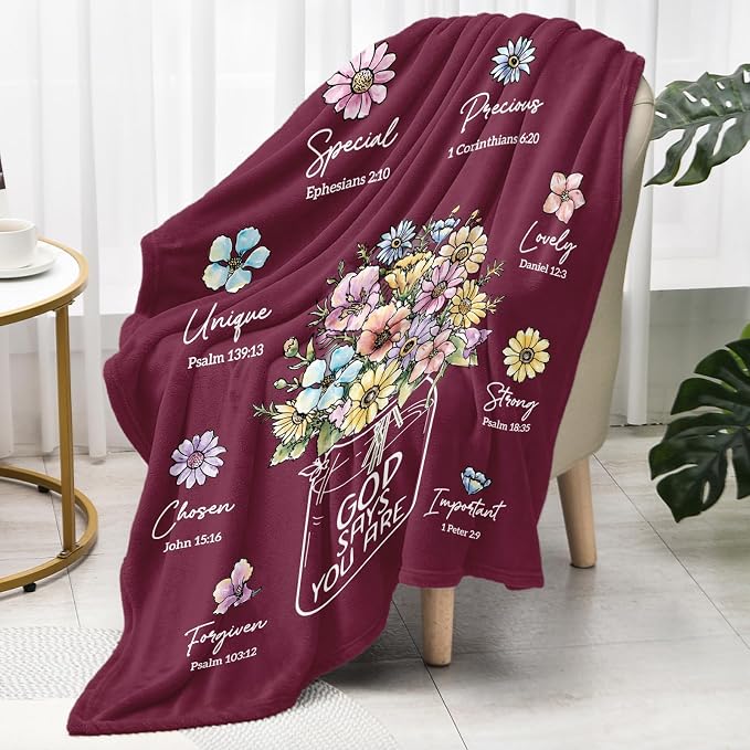 Christian Religious Gifts for Women, Burgundy Christian Blanket 80''x 60'' | Birthday Gifts for Women, Baptism Religious Christmas Day Spiritual Gifts for Grandma Mom Sister, Wine Red Throw Blankets