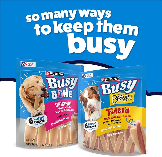 Purina Busy with Beggin Twisted Dog Treats, with Real Bacon, 10 ct Pouch | Bacony dog treat wrapped around long-lasting Busy chew, rawhide free, with no artificial flavors, made in the USA