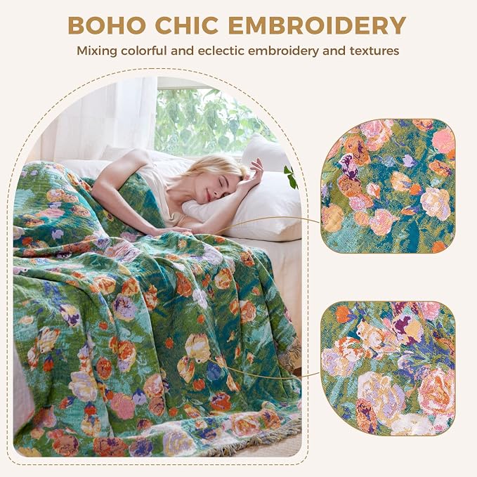 LUTBM Boho Throw Blanket for Bed 60"x80", All Season Cotton Couch Blankets | Reversible Green Garden Embroidery, Soft Twin Quilt, For Chair Sofa Living Room Bedroom, Lightweight Gauze, Home Decor Gift