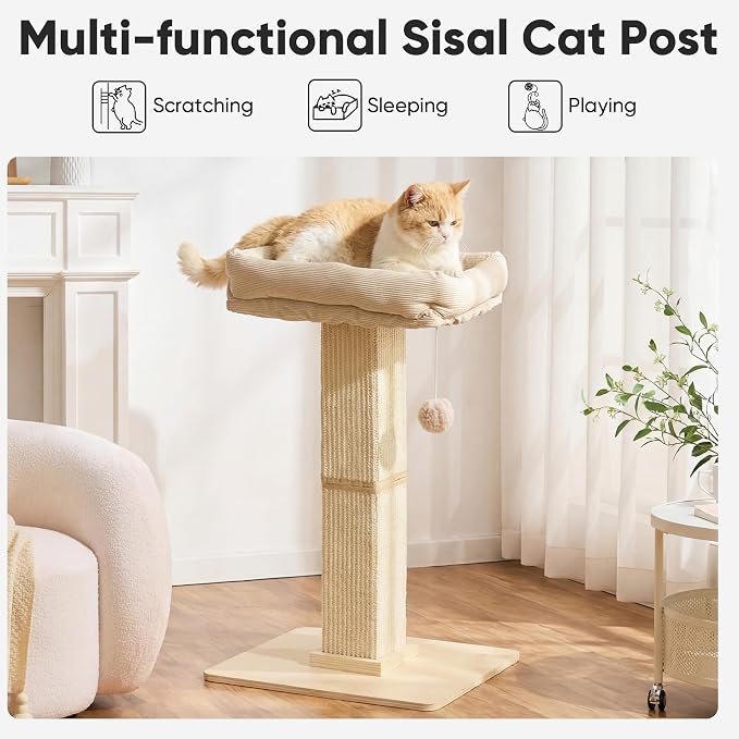 FUKUMARU Retro-Style Cat Scratching Post with Perch for Indoor Adult Cats | 28.7" Elevated Tall Cat Bed, Solid Wood Large Cat Scratcher Tower with Bed, Aesthetic Cat Tree Furniture with Natural Sisal