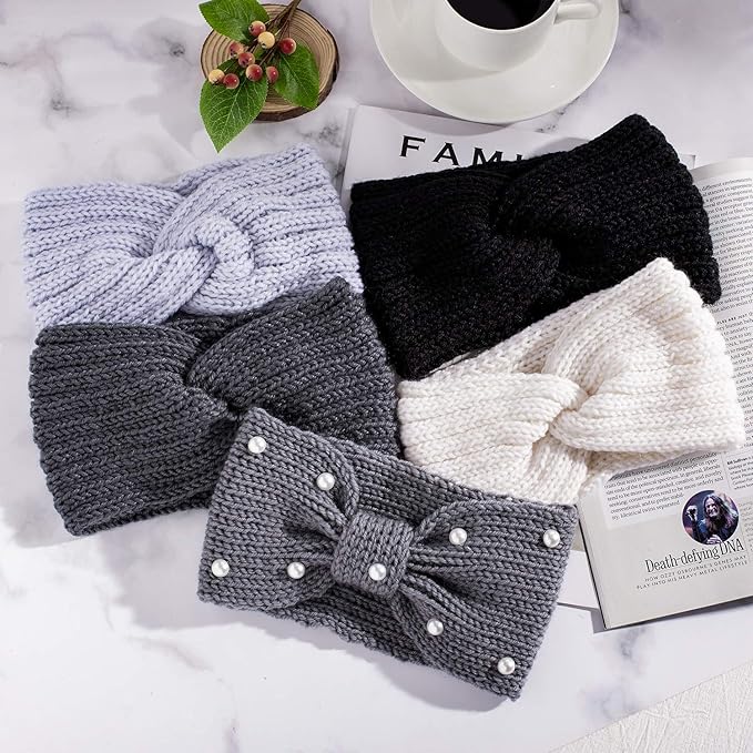 Whaline 5 Pieces Winter Knit Headbands Chunky Knit Headbands,4 Elastic Turban Head Wraps and 1 Pearl Crochet Hair Band, Ear Warmer Crochet Head Wraps for Women Girls (Blue Grey Colors)