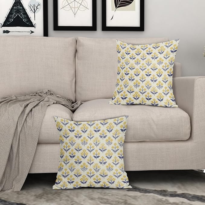 Navy Blue Yellow Floral Pillow Covers 22x22 Inch Set of 2, Vintage Flower Block Decorative Throw Pillowcases Outdoor Farmhouse Cushion Covers Spring Summer Rustic Decoration Sofa Couch Bed Decor
