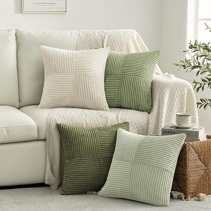 MIULEE Summer Light Green Decorative Throw Pillow Covers 18x18 Inch Set of 4 Boho Farmhouse Cushion Covers Mordern Classic Pillow Cases Soft Corduroy Gradient Home Decor for Couch Sofa Living Room Bed