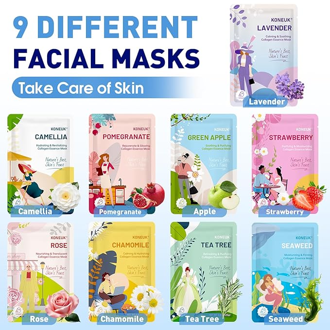 9 Pack Hydrating Face Masks Skincare, Bulk Sheet Face Mask for Dry Skin, Collagen Facial Masks Spa Gifts for Women Skin Care, Easter Basket Stuffers, Mothers Day Gifts for Mom, Teacher and Nurse Gifts